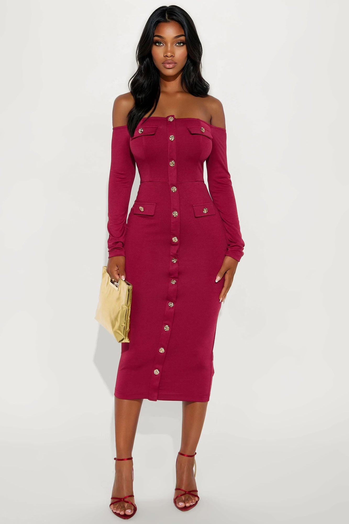 Goldie Off Shoulder Midi Dress - Wine