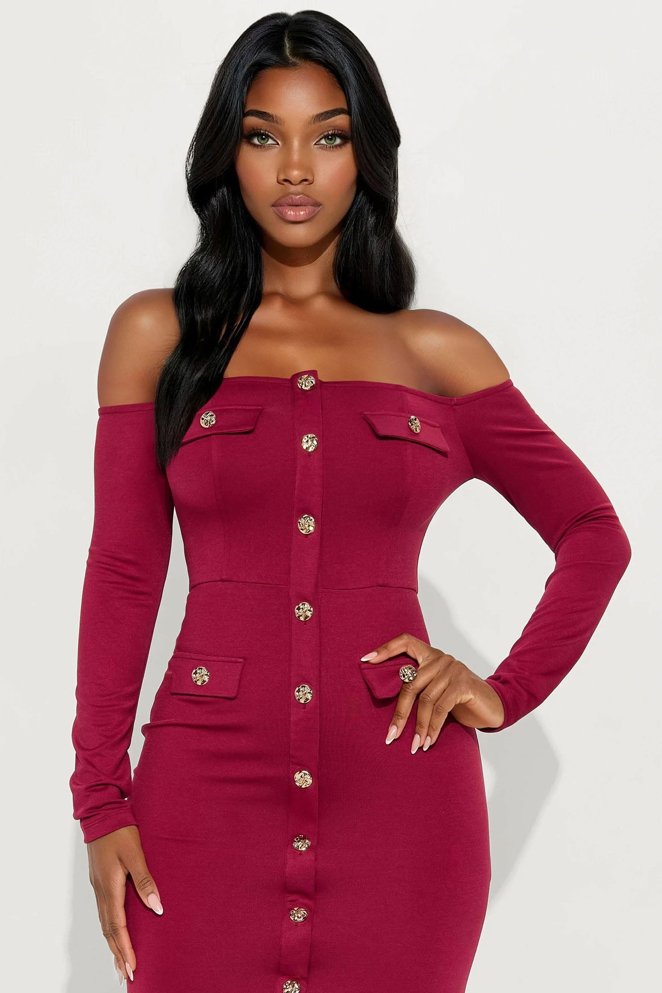 Goldie Off Shoulder Midi Dress - Wine