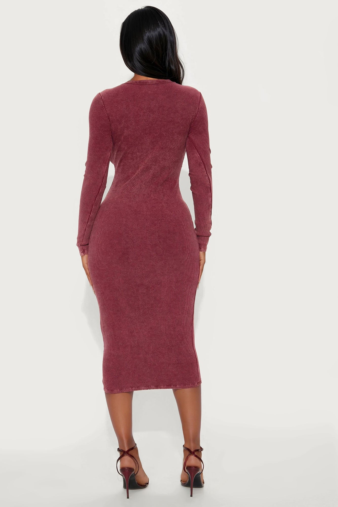 Sun Kiss Long Sleeve Mineral Wash Midi Dress - Wine