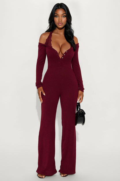 Tilly Ribbed Lace Trim Jumpsuit - Plum
