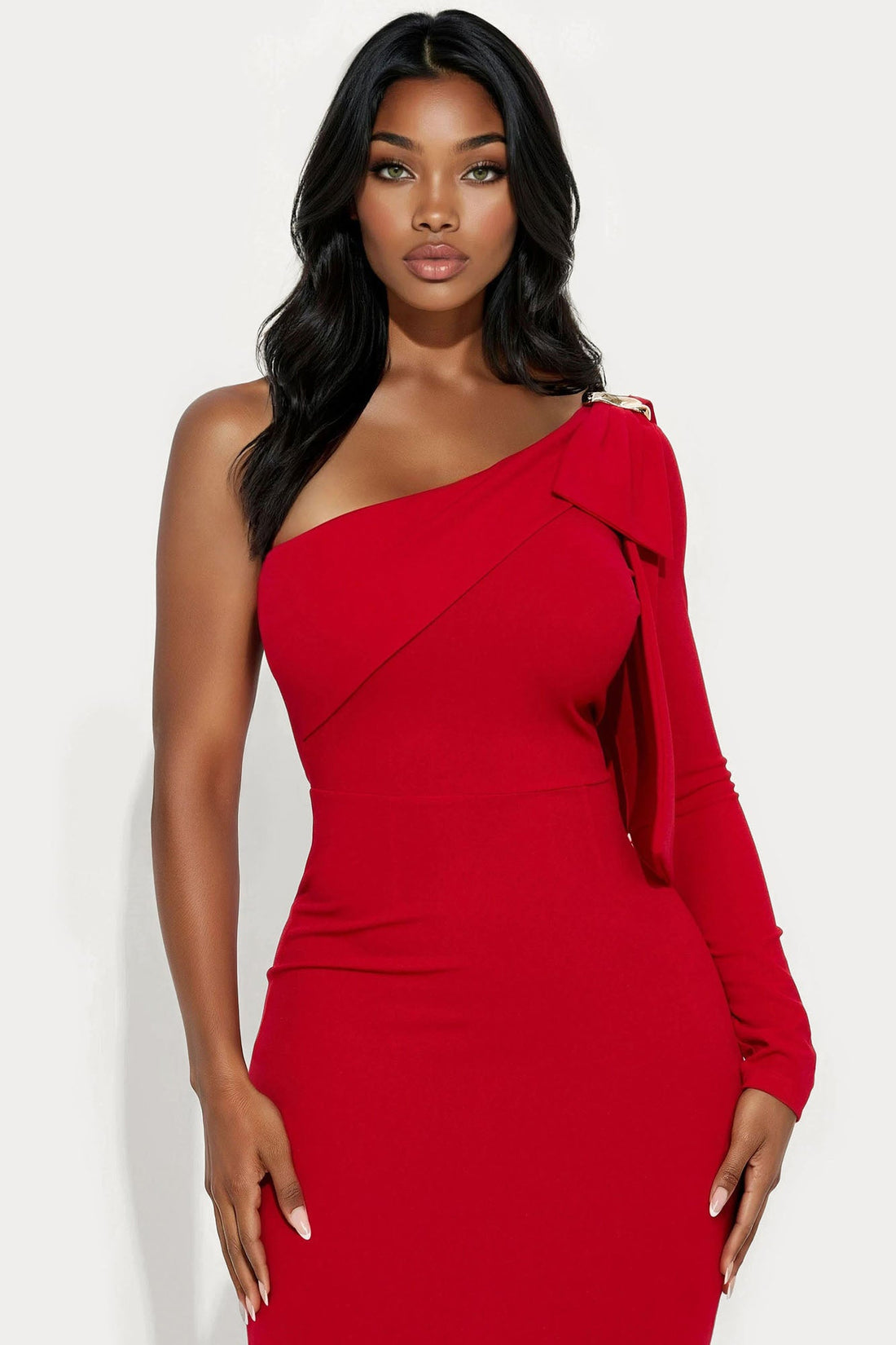 Taya One Shoulder Bow Midi Dress - Red