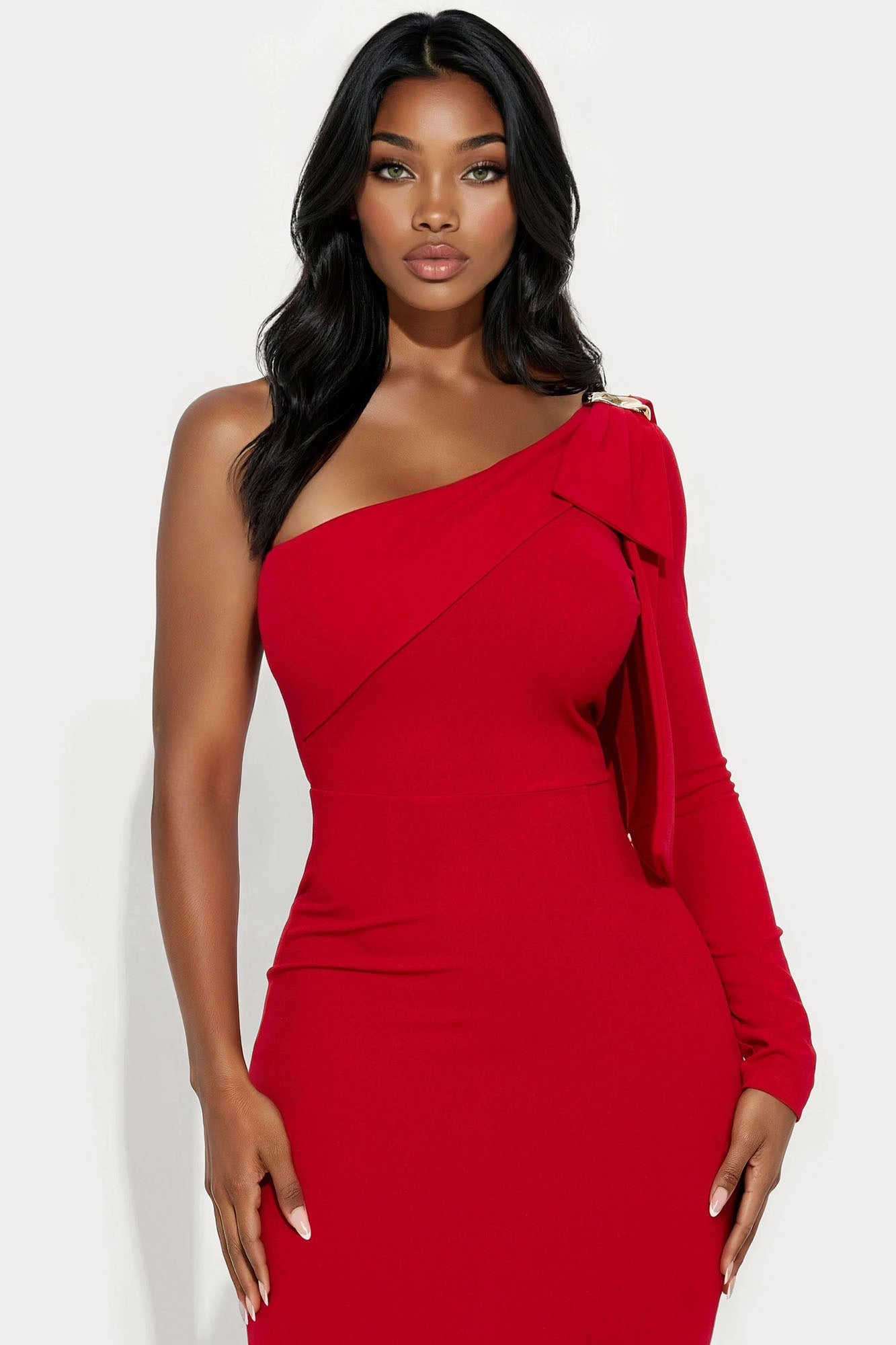 Taya One Shoulder Bow Midi Dress - Red