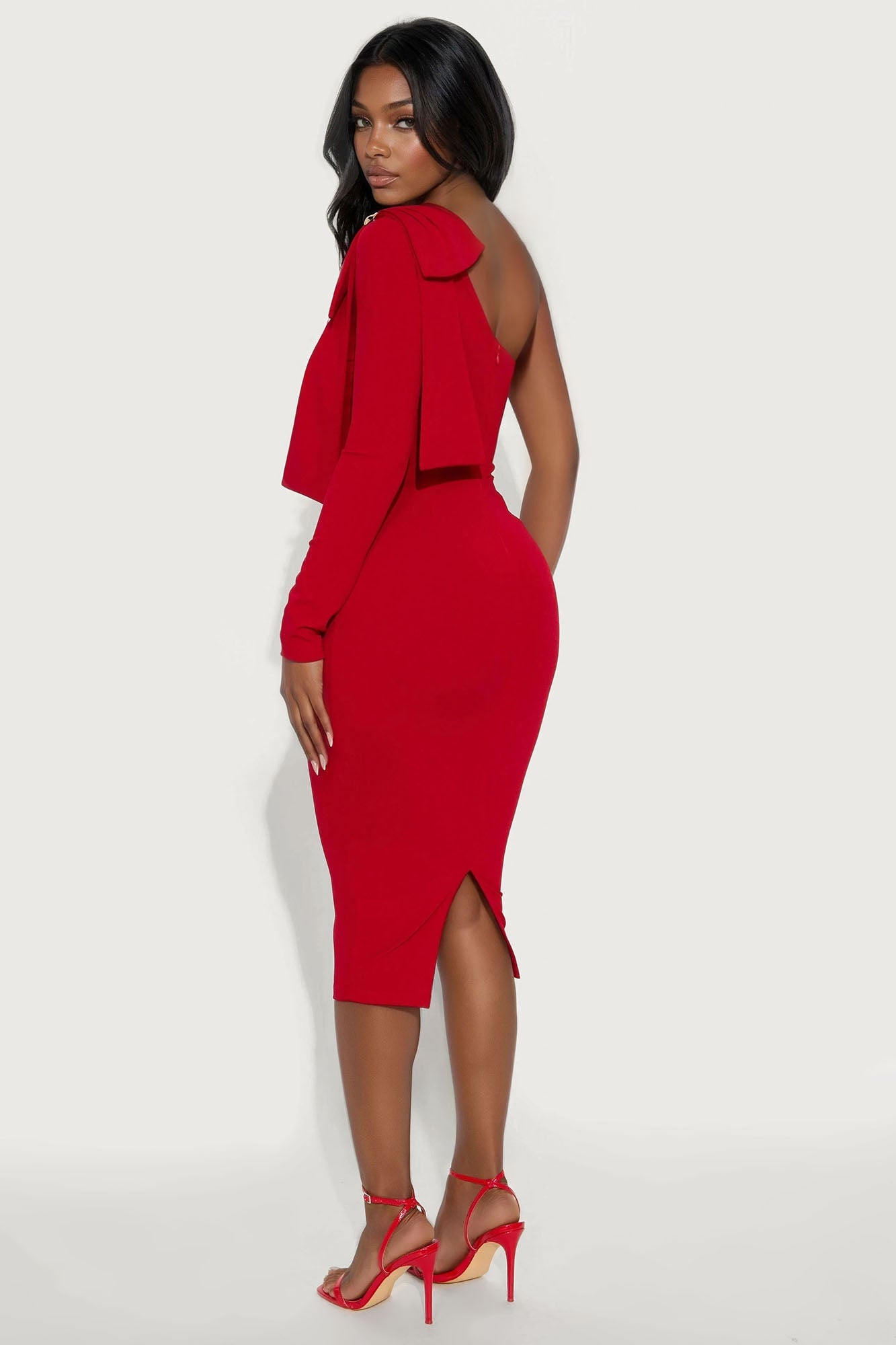 Taya One Shoulder Bow Midi Dress - Red