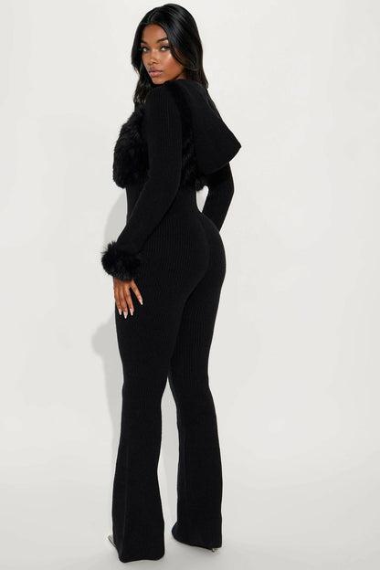 Soft Spoken Faux Fur Sweater Jumpsuit - Black