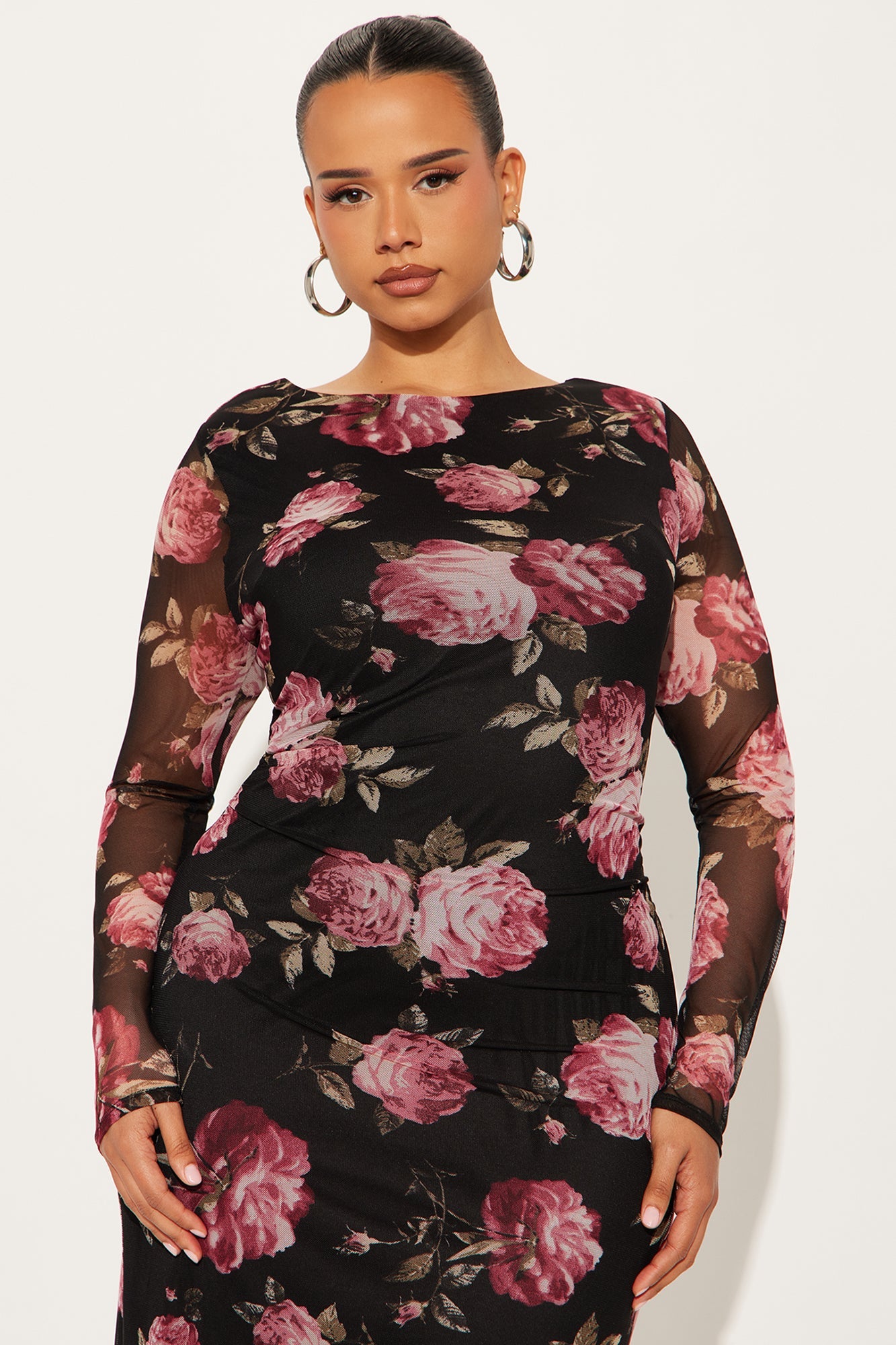 Suri Floral Mesh Midi Dress - Black/Pink