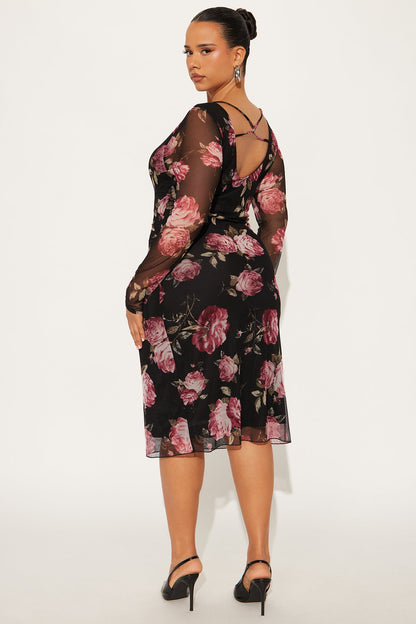 Suri Floral Mesh Midi Dress - Black/Pink