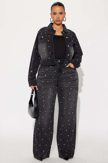 City Lights Embellished Wide Leg Jeans - Black Wash