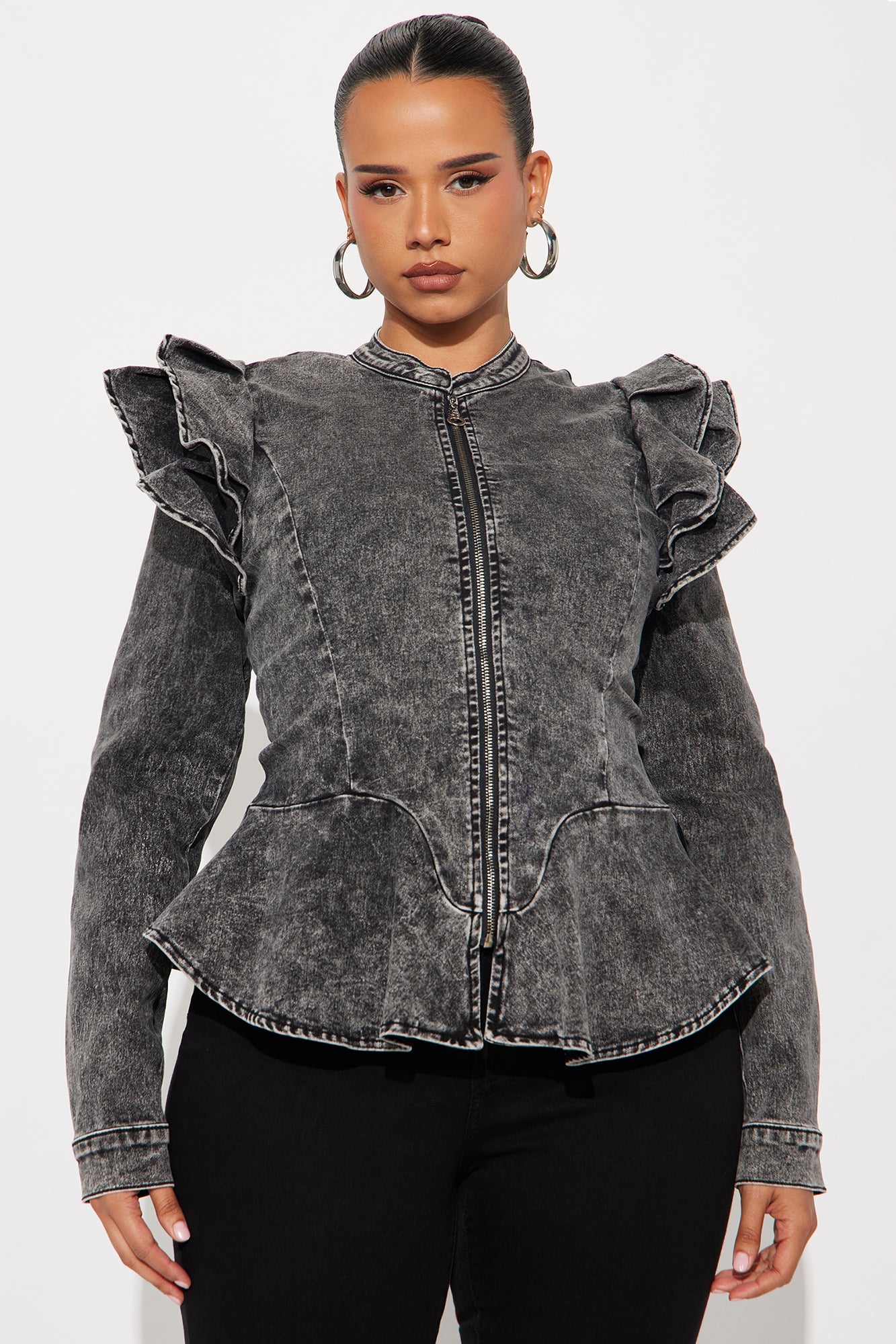 Denim Queen Peplum Jacket - Acid Wash Black
