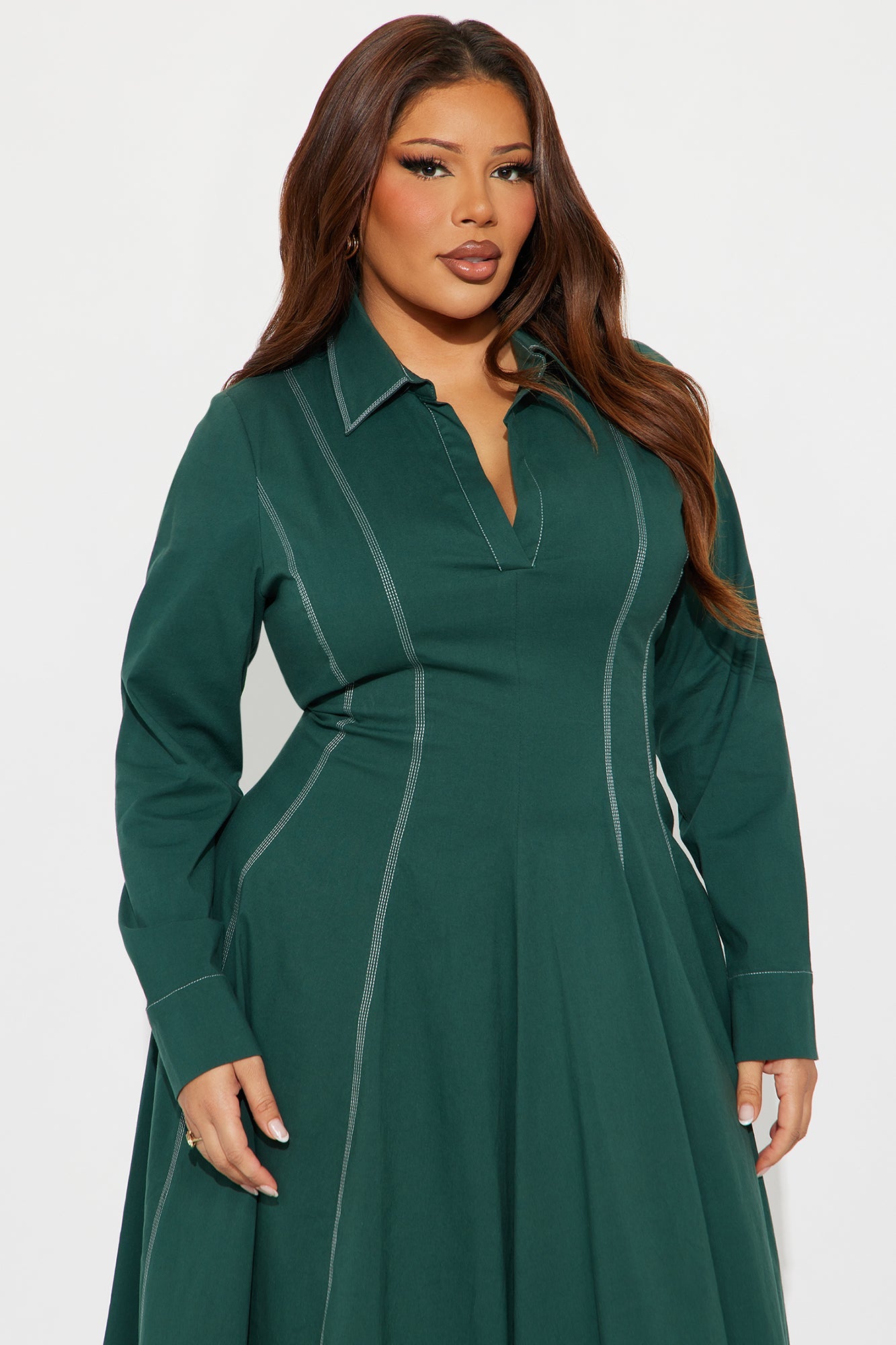 Prim Collared Long Sleeve Midi Dress - Hunter Green