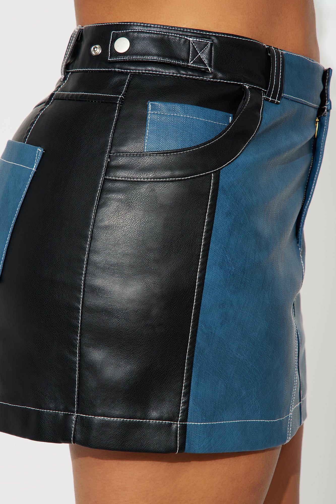 Mix It Up Denim Faux Leather Mini Skirt - Dark Wash