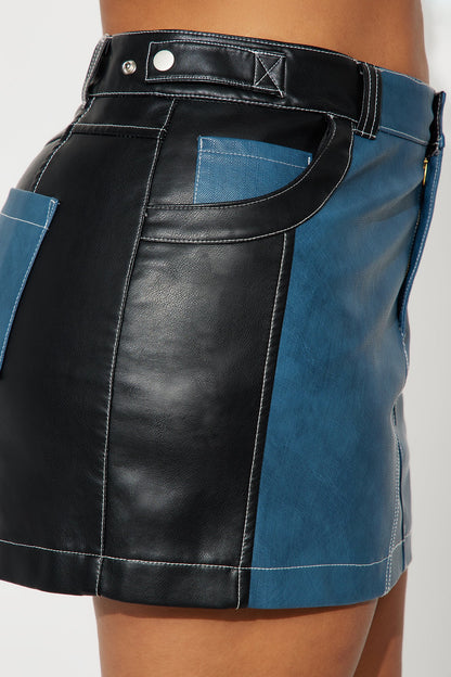 Mix It Up Denim Faux Leather Mini Skirt - Dark Wash