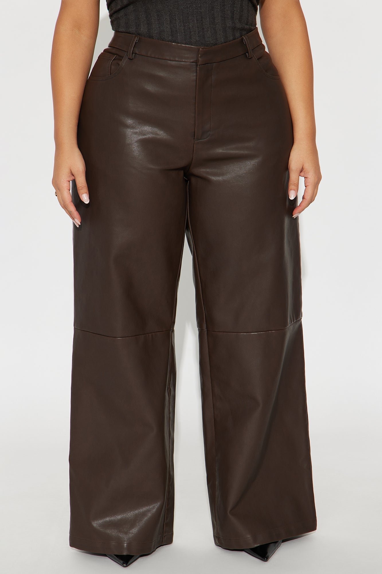 Double Down Faux Leather Wide Leg Pant 33″ - Brown