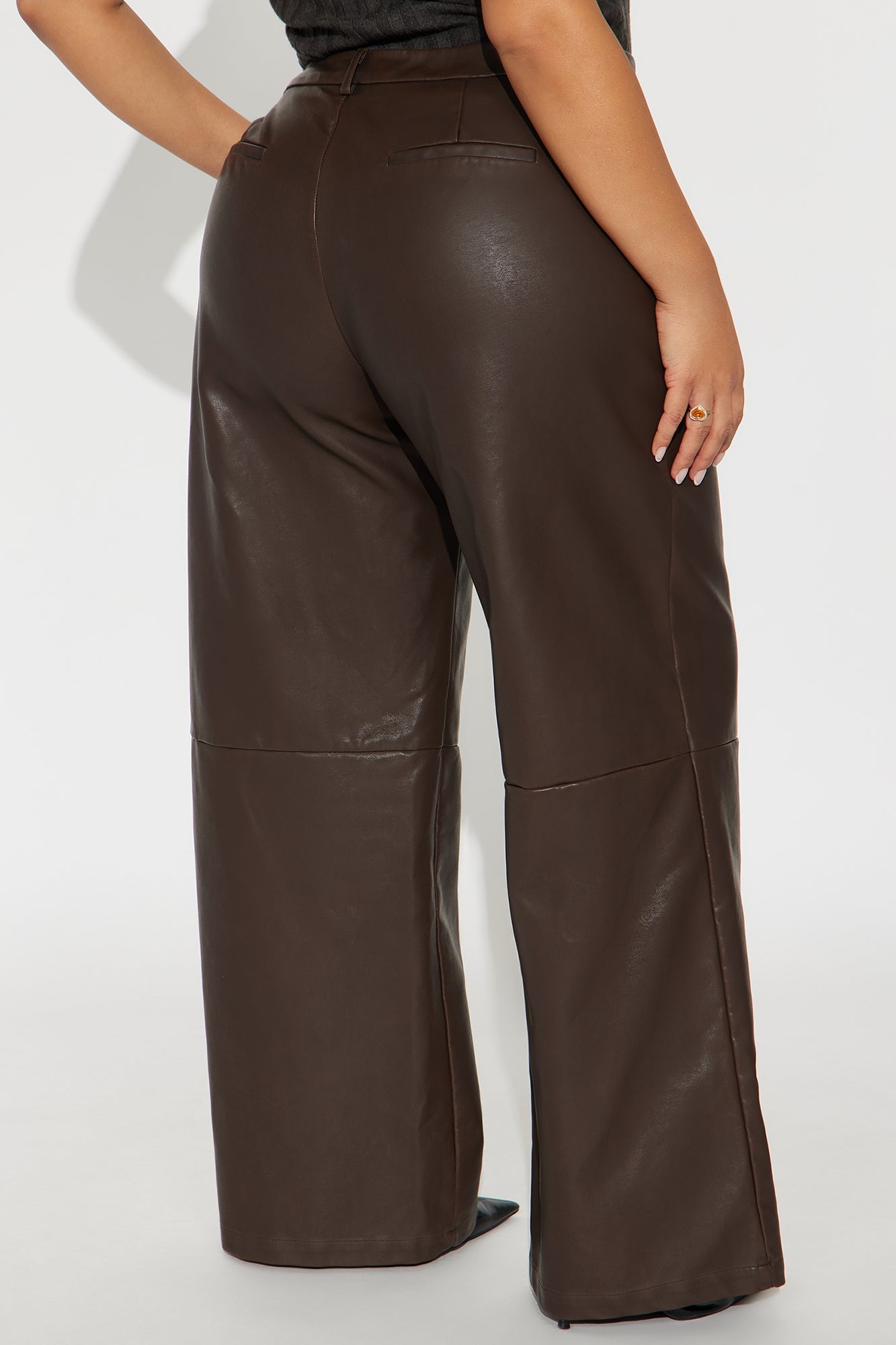 Double Down Faux Leather Wide Leg Pant 33″ - Brown