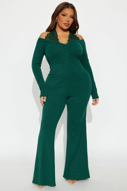 Tilly Ribbed Lace Trim Jumpsuit - Green