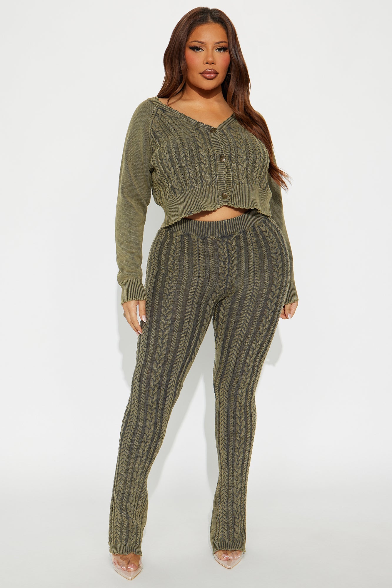 Alison Washed Cable Sweater Pant Set - Dark Olive