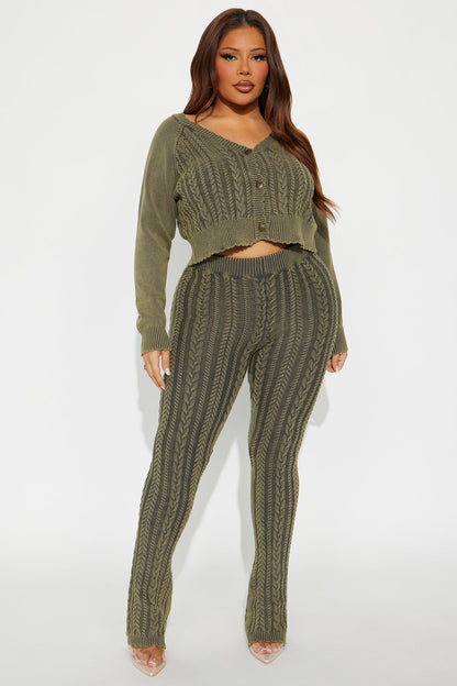 Alison Washed Cable Sweater Pant Set - Dark Olive