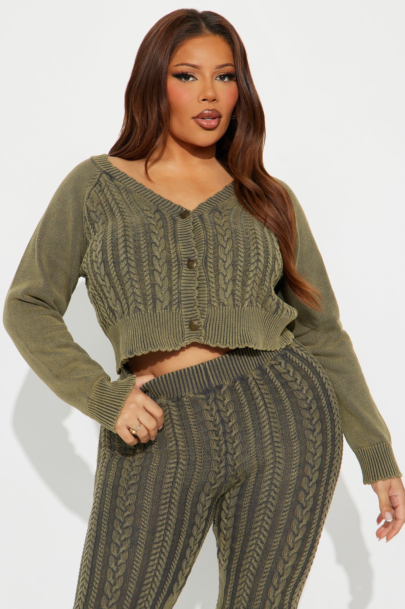 Alison Washed Cable Sweater Pant Set - Dark Olive
