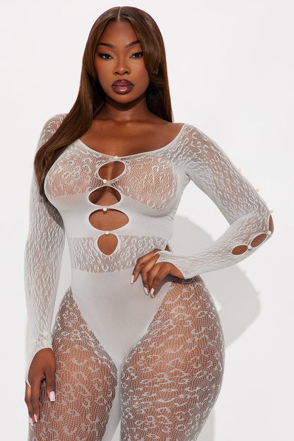 Pretty In Sheer Pearl Off Shoulder Bodystocking - Nude