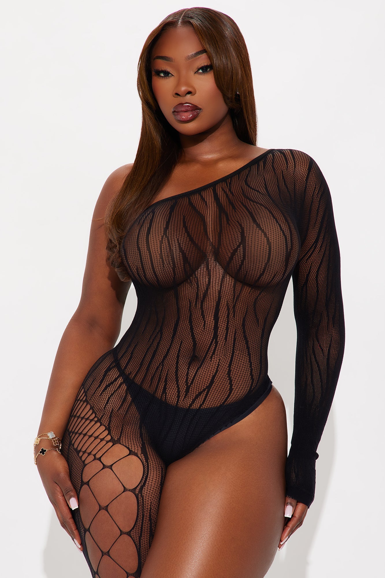 Cut Me Lace One Shoulder &amp; Leg Bodystocking - Black