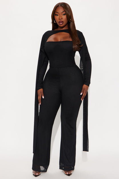 Night Moves Mesh Scarf Jumpsuit - Black