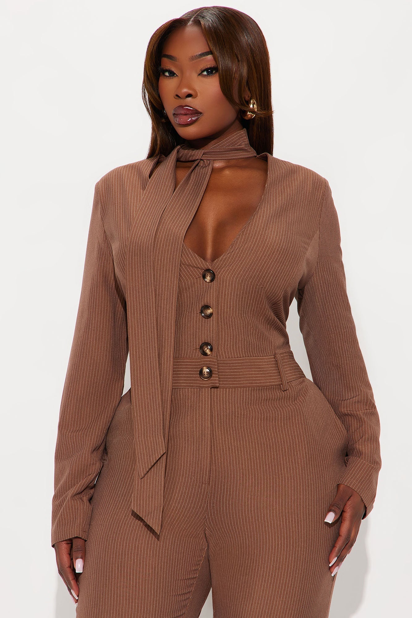 Kendall Scarf Wide Leg Pinstripe Jumpsuit - Brown