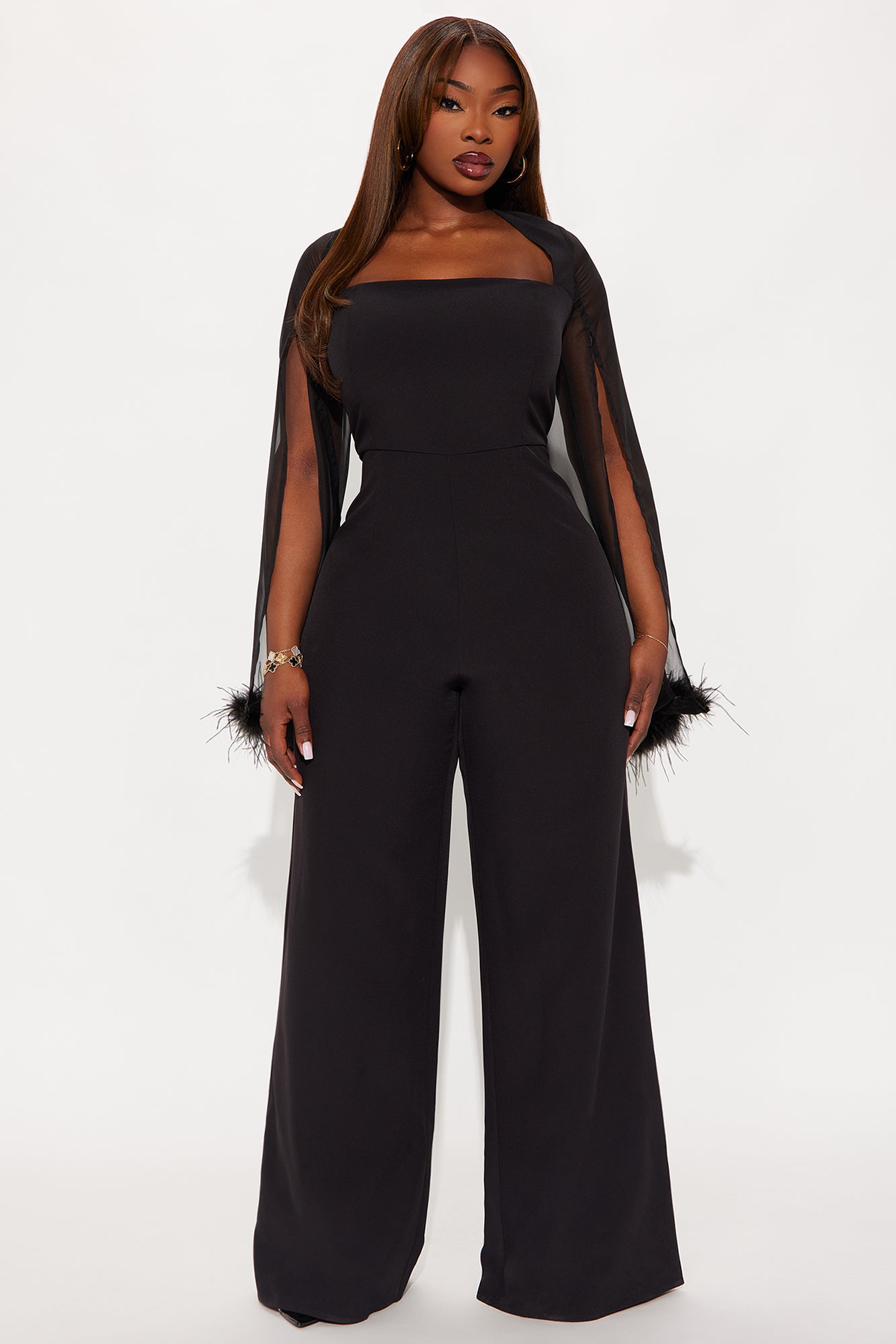 Elle Feather Trim Long Sleeve Wide Leg Jumpsuit - Black