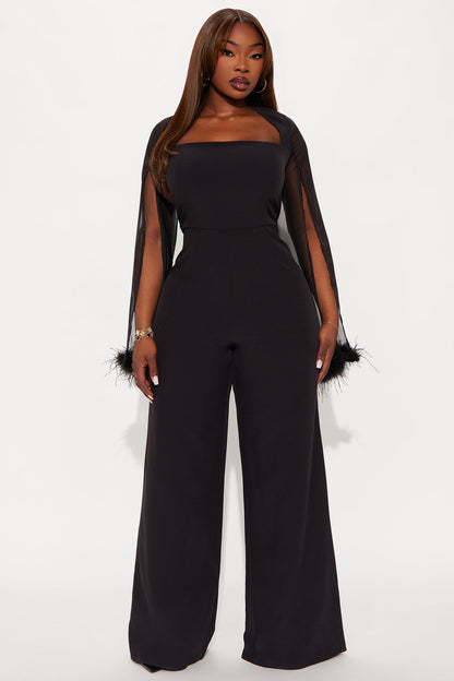 Elle Feather Trim Long Sleeve Wide Leg Jumpsuit - Black