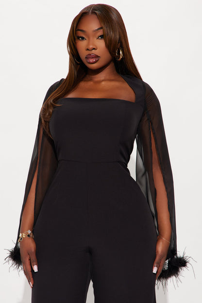 Elle Feather Trim Long Sleeve Wide Leg Jumpsuit - Black