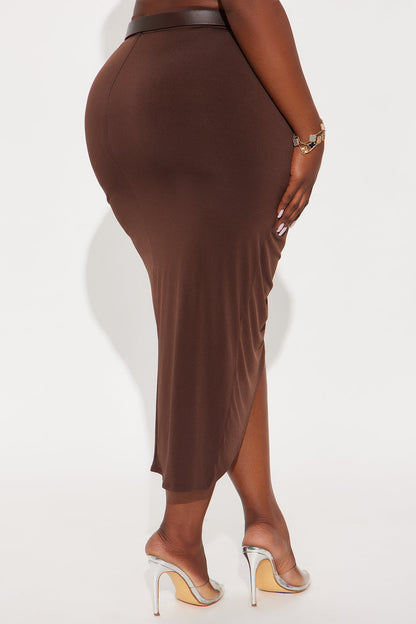 Poised Perfection Belted Midi Skirt - Chocolate