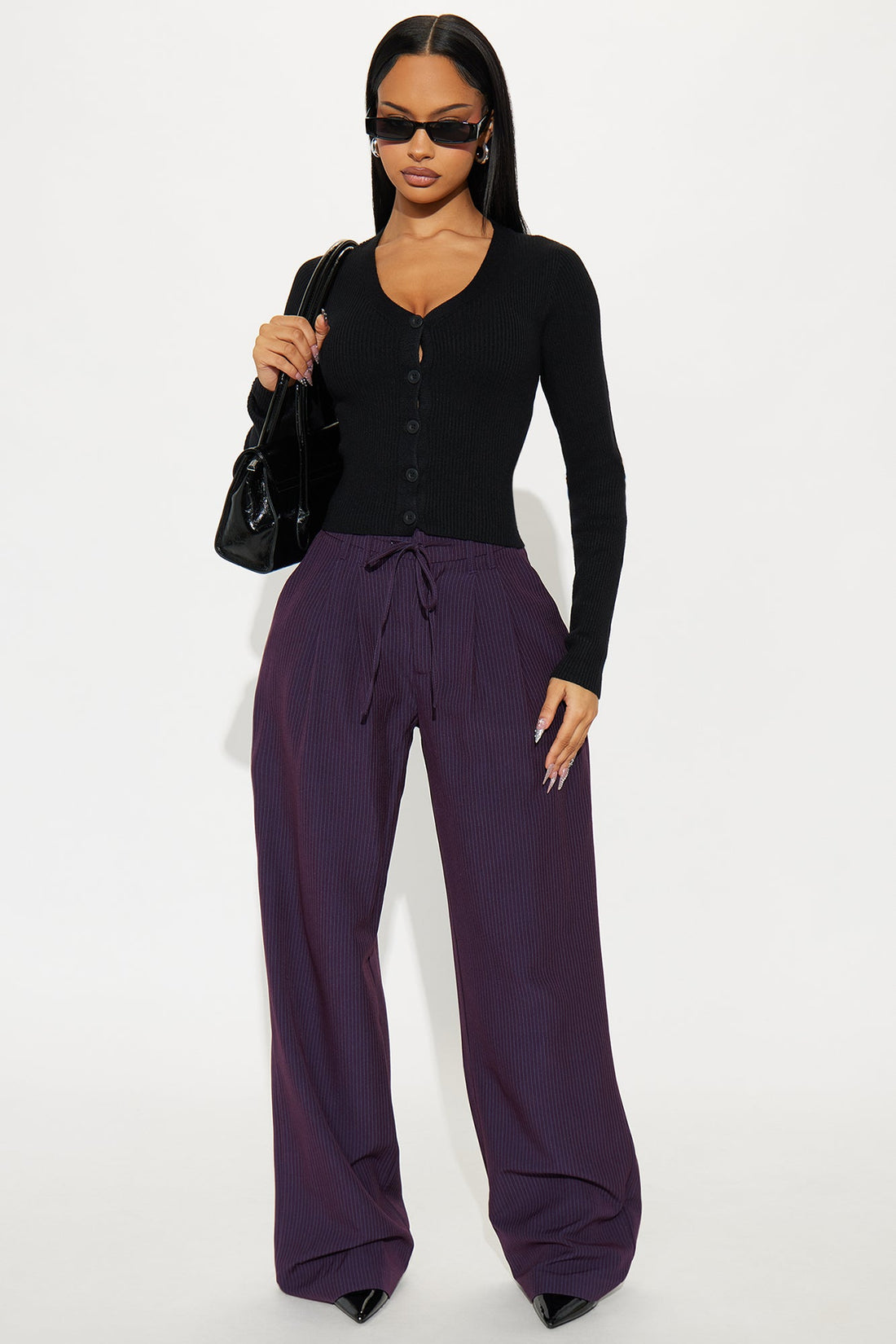 Kelly Pinstripe Wide Leg Trouser Pant - Plum