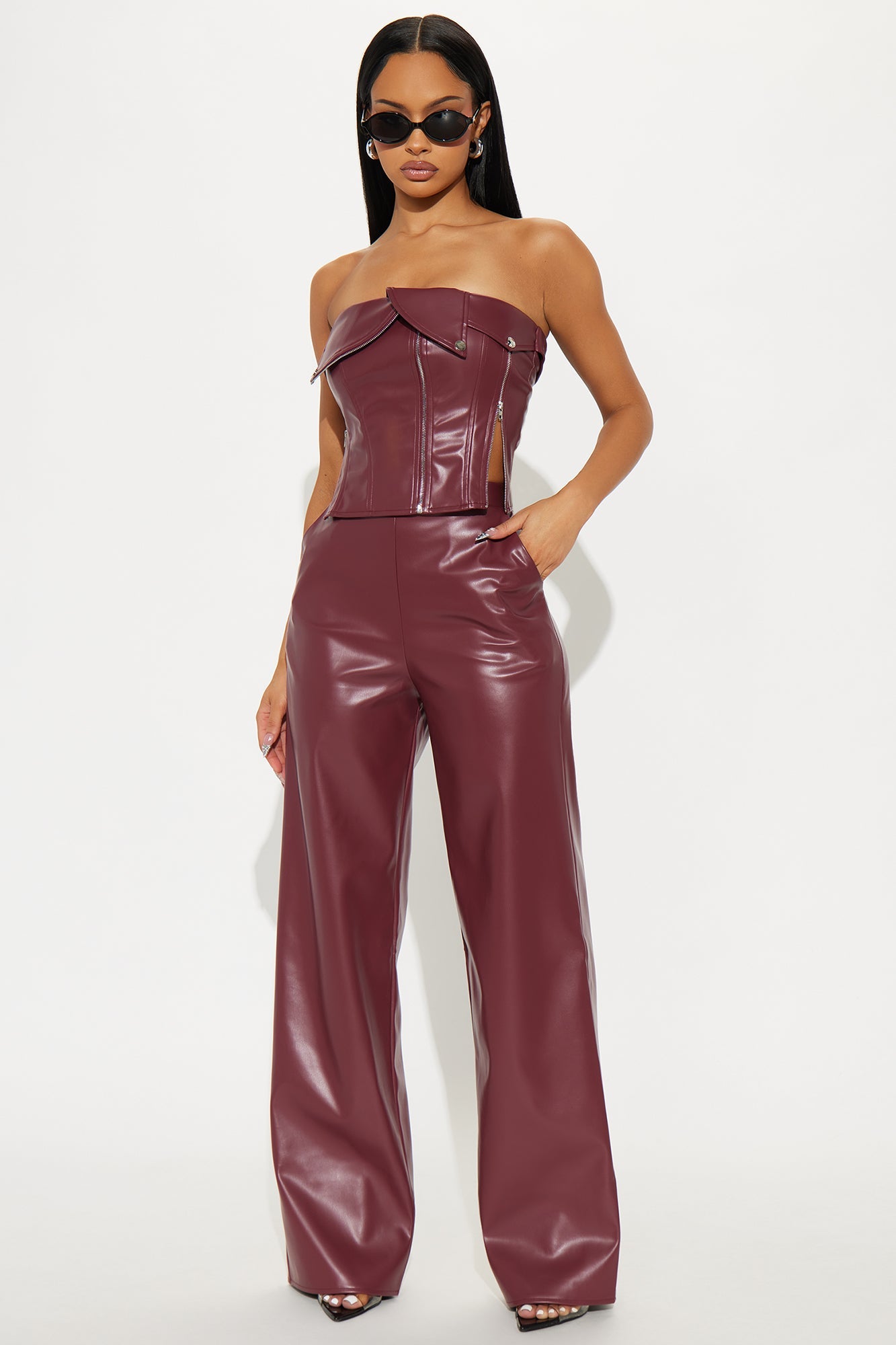 Zip Me Up Faux Leather Pant Set - Burgundy