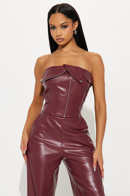 Zip Me Up Faux Leather Pant Set - Burgundy