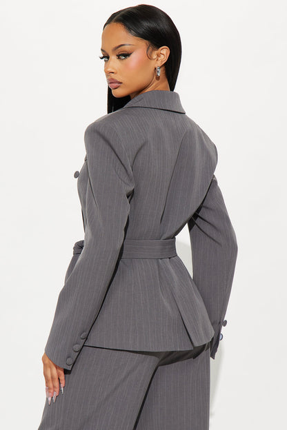Focus Forward Belted Pinstripe Blazer - Charcoal/combo