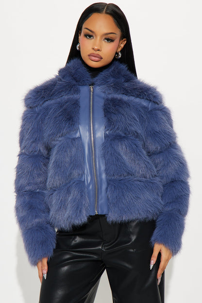 London Girl Faux Fur Coat - Slate Blue