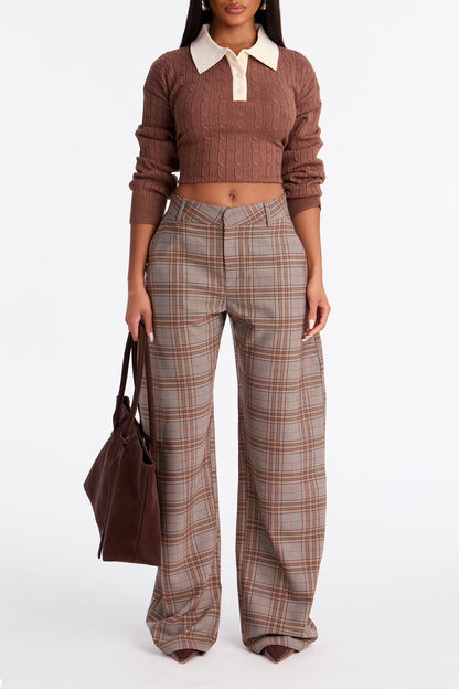 Ingrid Plaid Barrel Leg Trousers 33 - Brown/combo
