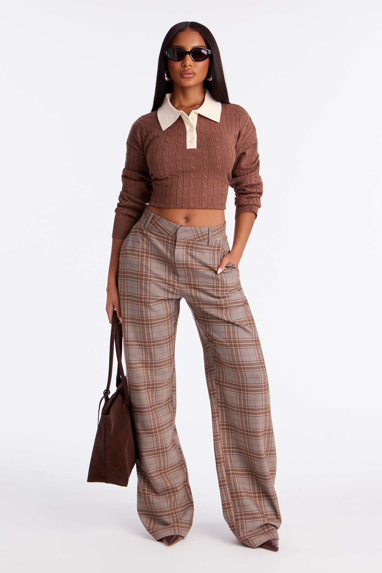 Ingrid Plaid Barrel Leg Trousers 33 - Brown/combo