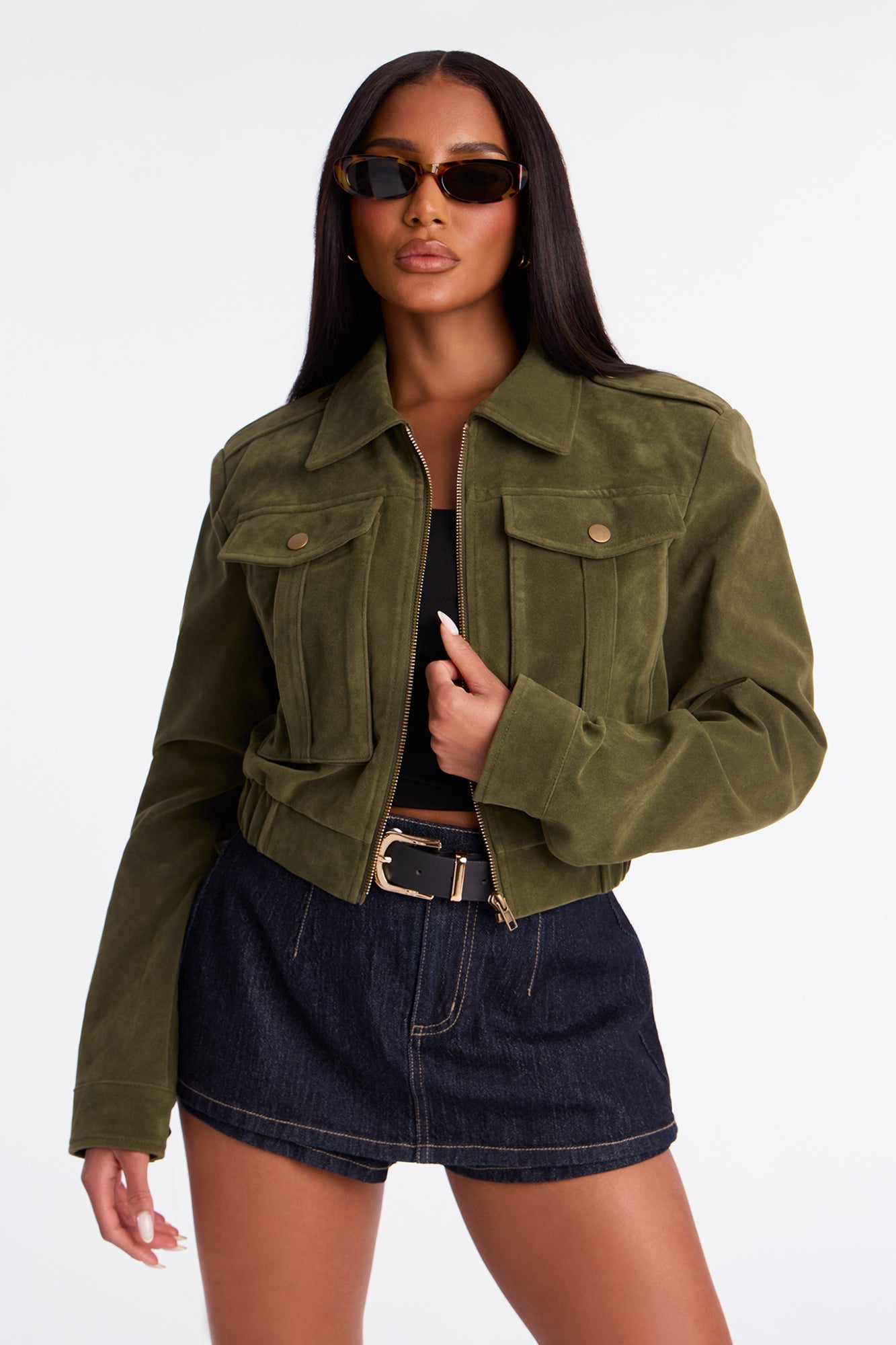 Have To Getaway Cropped Faux Suede Jacket - Military Green