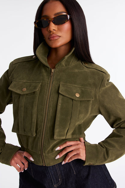 Have To Getaway Cropped Faux Suede Jacket - Military Green