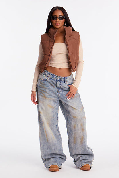 Harmony Cropped Puffer Vest - Brown