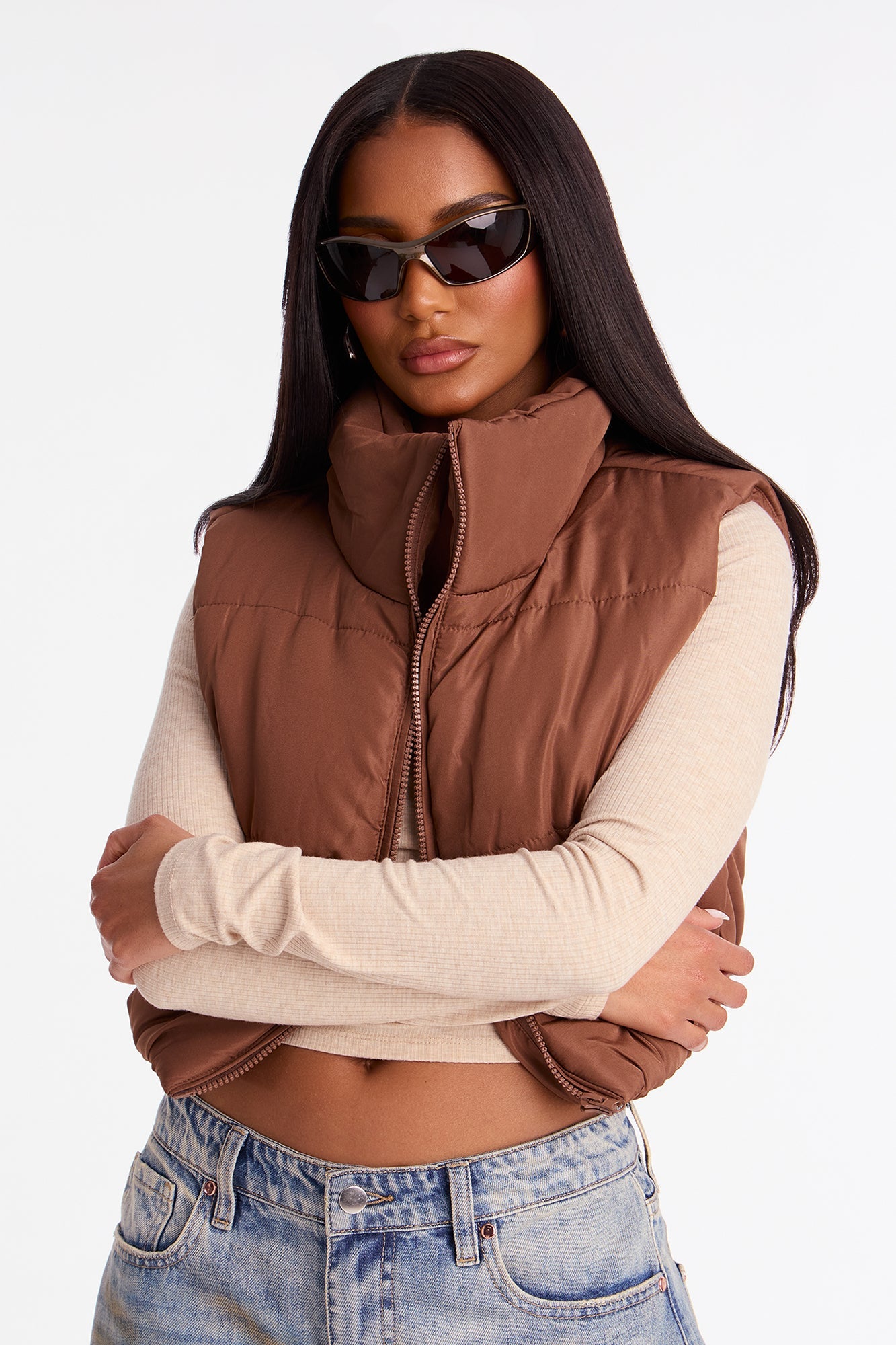 Harmony Cropped Puffer Vest - Brown