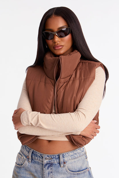Harmony Cropped Puffer Vest - Brown