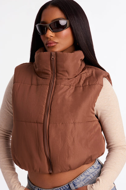 Harmony Cropped Puffer Vest - Brown