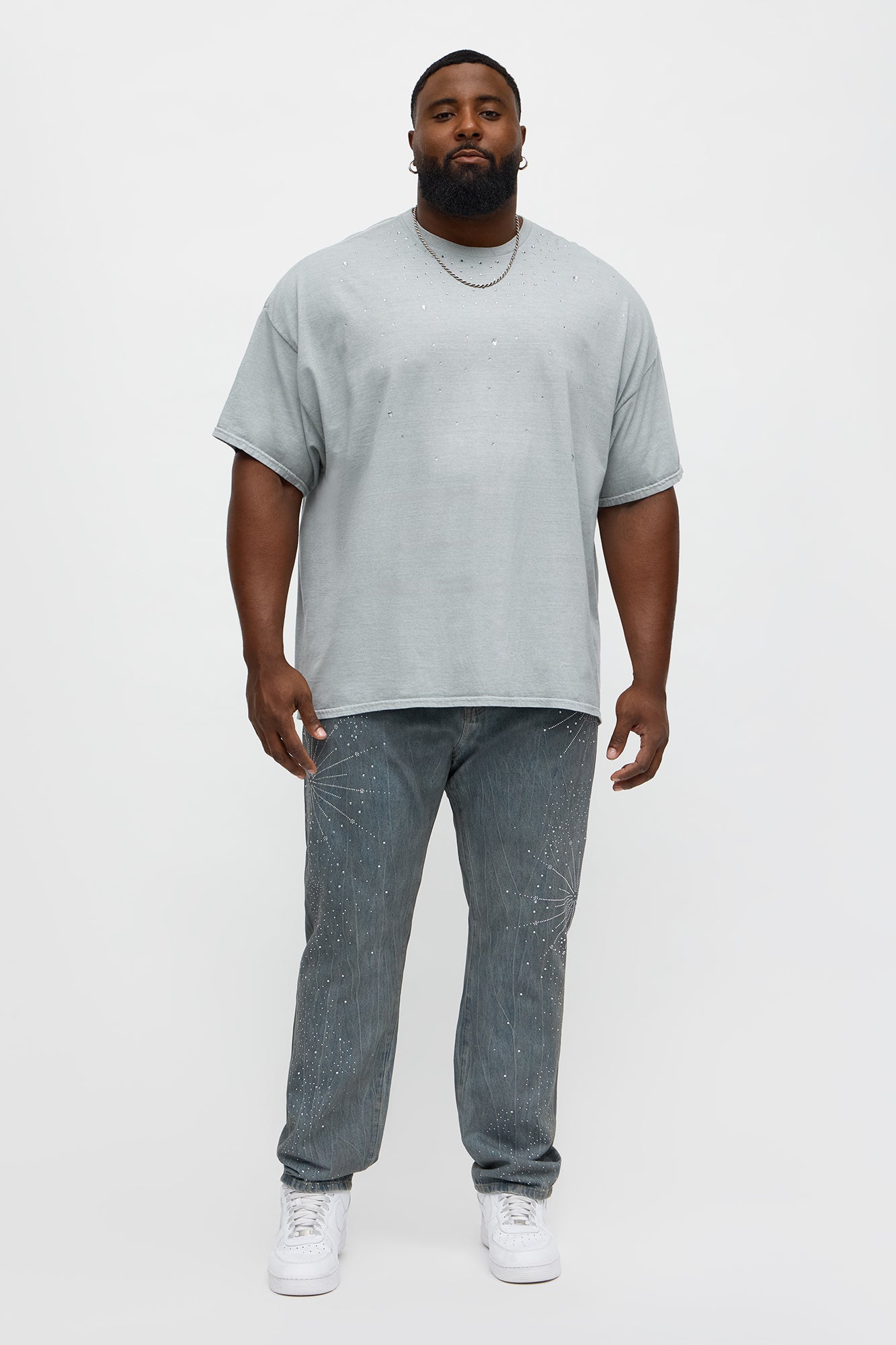 All Of The Lights Rhinestone Pearl Oversized Short Sleeve Tee - Grey