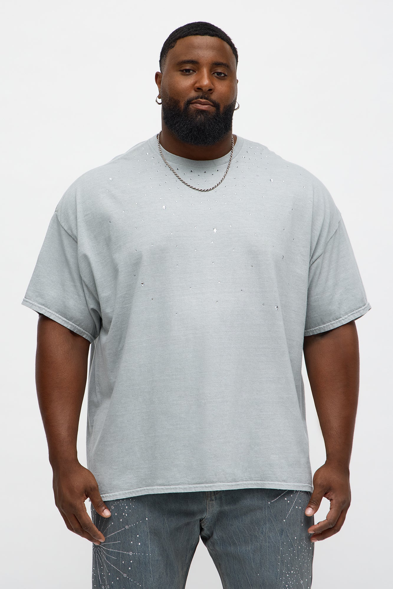 All Of The Lights Rhinestone Pearl Oversized Short Sleeve Tee - Grey