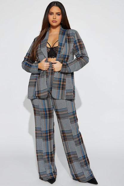 Business Time Plaid Blazer Pant Set - Blue/combo
