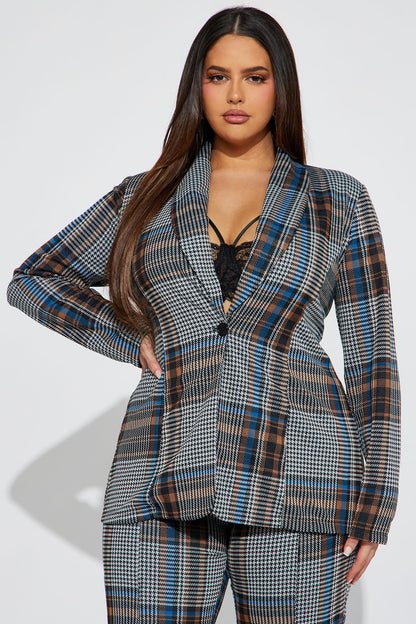 Business Time Plaid Blazer Pant Set - Blue/combo