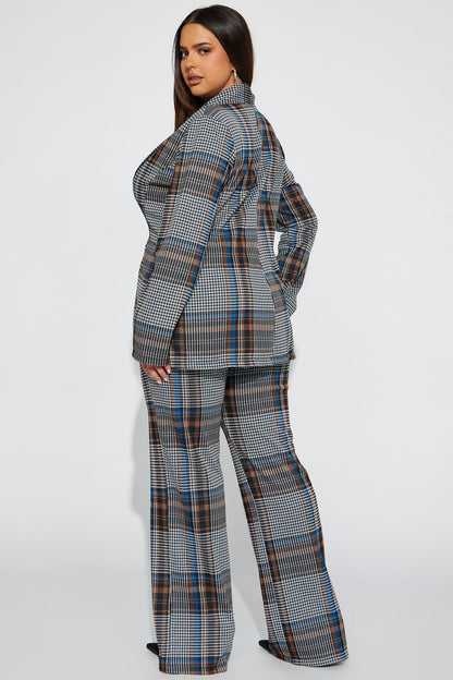 Business Time Plaid Blazer Pant Set - Blue/combo