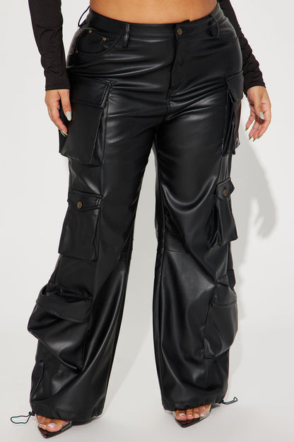 City Is Mine Faux Leather Cargo Pant - Black