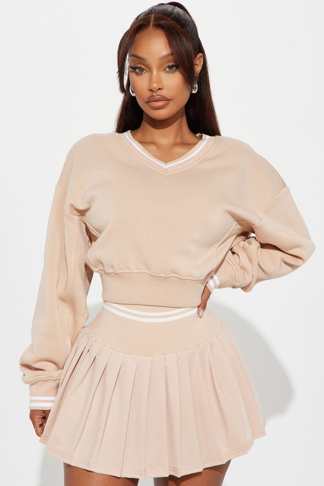 Preppy Pleated Mini Skirt Set - Taupe