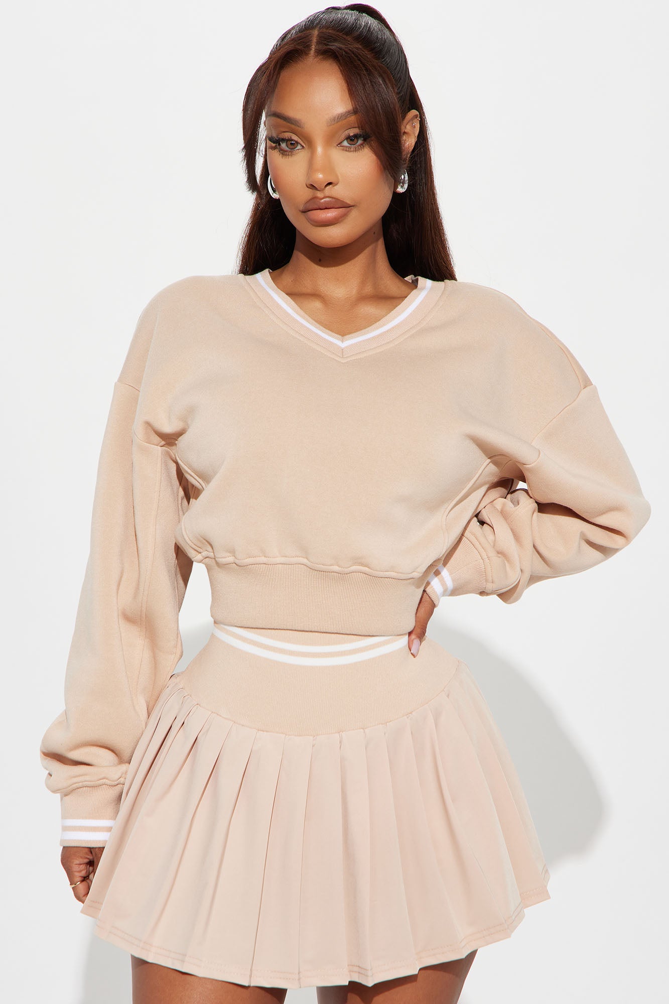 Preppy Pleated Mini Skirt Set - Taupe